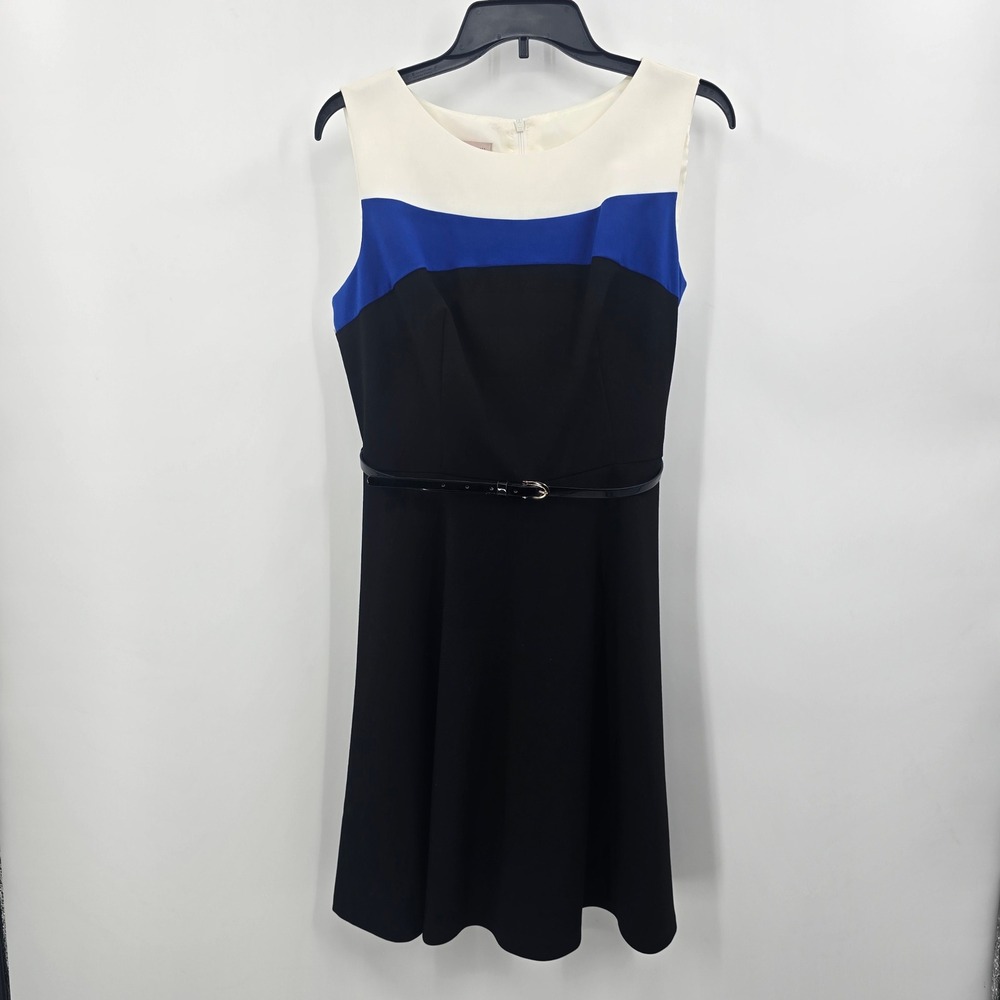C.B. Established 1962 Colorblock Fit & Flare Dress Blue Black White Petite 12‎